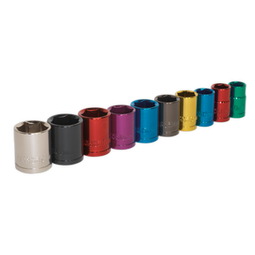 Multi-Coloured Socket Set 10pc 3/8"Sq Drive 6pt WallDrive® Metric - AK285 - Farming Parts