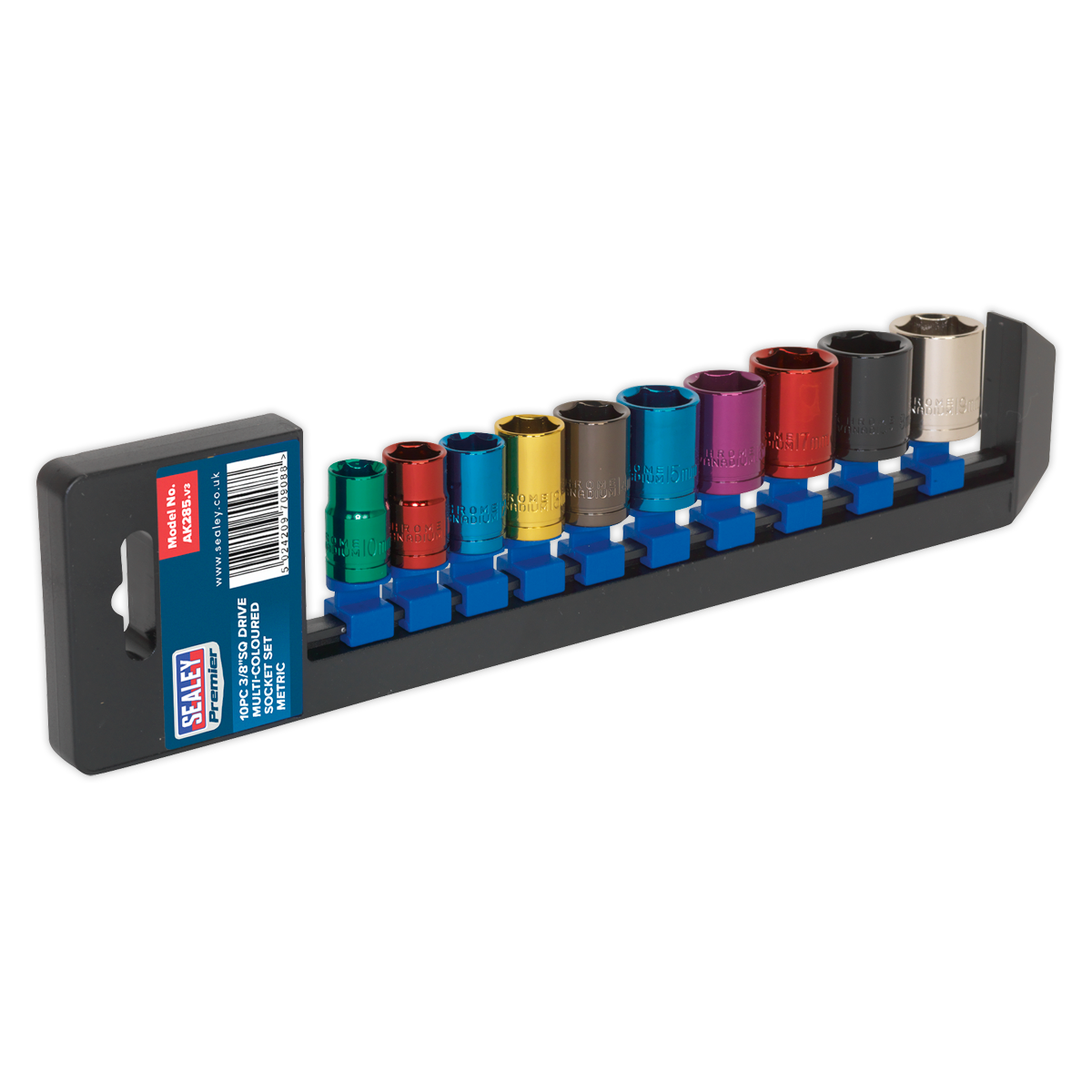 Multi-Coloured Socket Set 10pc 3/8"Sq Drive 6pt WallDrive® Metric - AK285 - Farming Parts