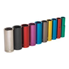 Multi-Coloured Socket Set 10pc 3/8"Sq Drive 6pt Deep WallDrive® Metric - AK285D - Farming Parts