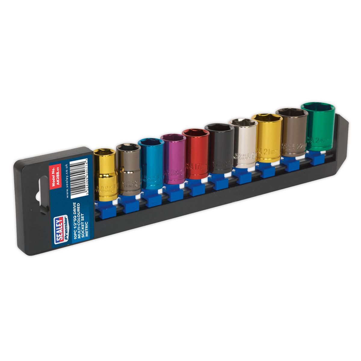 Multi-Coloured Socket Set 10pc 1/2"Sq Drive WallDrive® Metric - AK288 - Farming Parts