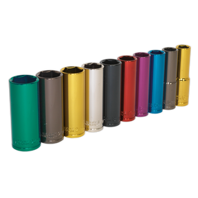 The "Sealey Multi-Coloured Socket Set 10pc 1/2"Sq Drive 6pt Deep WallDrive® Metric - AK288D" is a premier hand tool set featuring ten socket wrenches in various lengths and diameters, crafted from durable Chrome Vanadium steel and neatly arranged in a line.