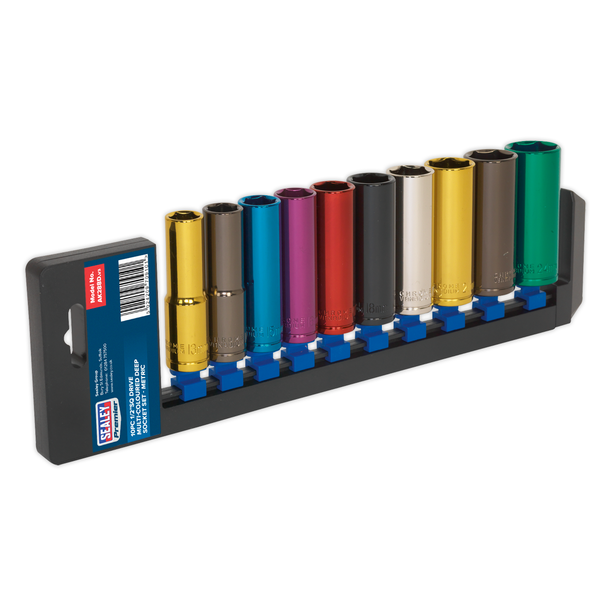 Multi-Coloured Socket Set 10pc 1/2"Sq Drive 6pt Deep WallDrive® Metric - AK288D - Farming Parts