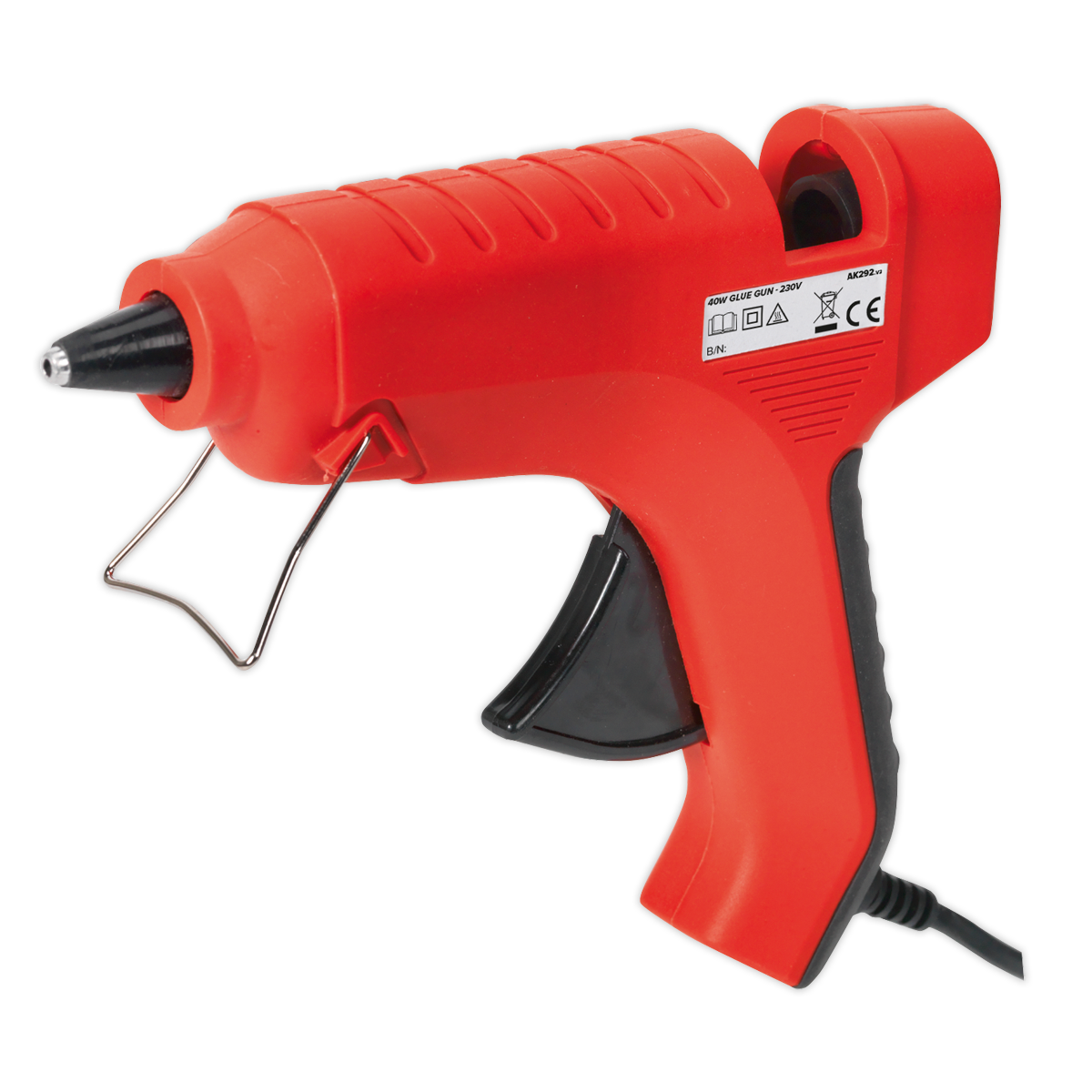 The Sealey Glue Gun 40W 230V - AK292, featuring a red body with a black trigger and nozzle, a metal stand, and a comfortable handle, is connected by a black power cord.