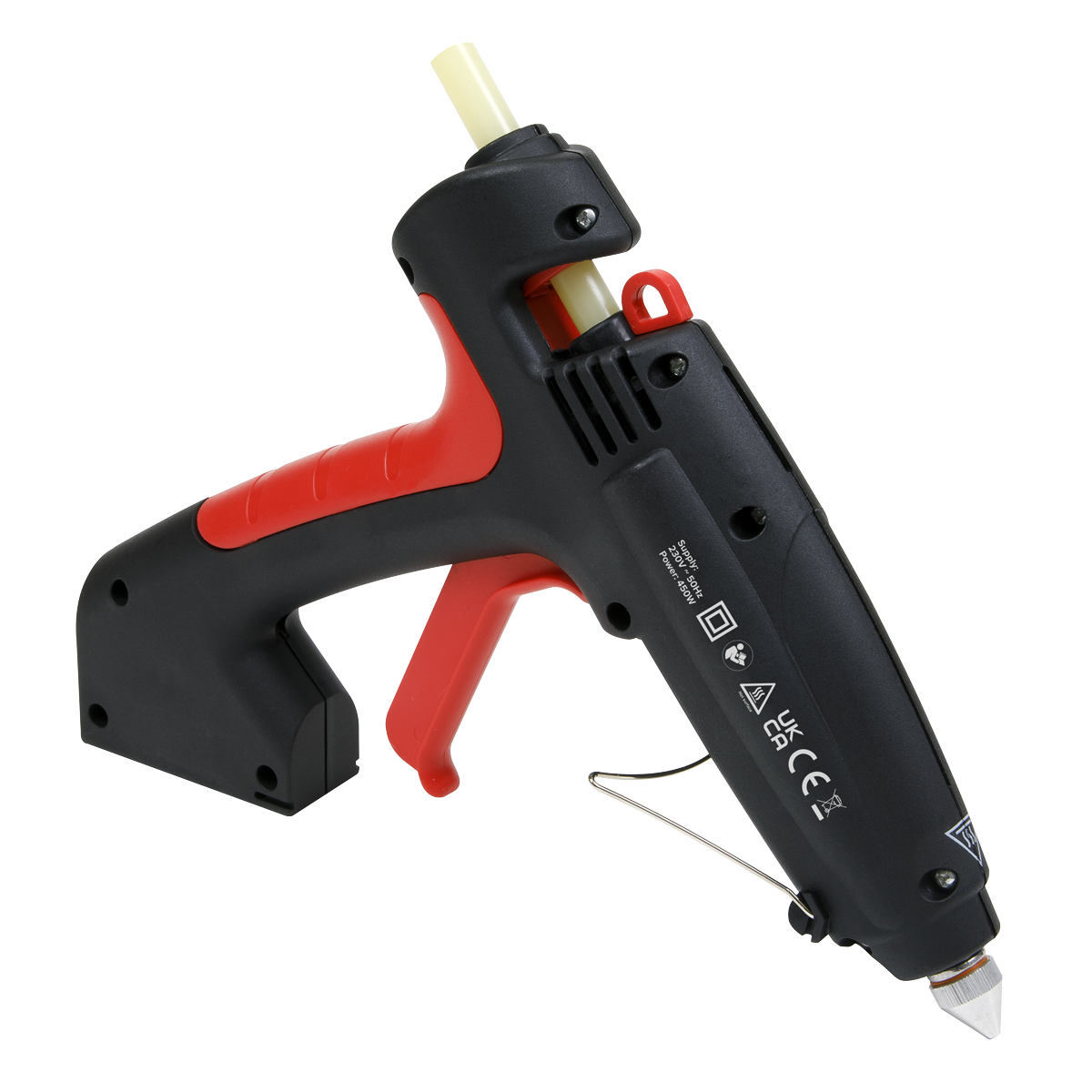 The Sealey Professional Glue Gun 450W 230V - AK2921, in black and red with a yellow glue stick inserted, features trigger feed control and displays safety and regulatory markings on the side view.