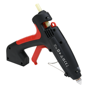 The Sealey Professional Glue Gun 450W 230V - AK2921, in black and red with a yellow glue stick inserted, features trigger feed control and displays safety and regulatory markings on the side view.