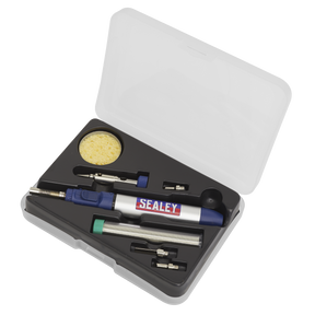The Micro Butane Torch Kit 7pc - AK2953 by Sealey is a portable and lightweight set that includes a Butane-powered soldering iron, soldering tips, a sponge, and other accessories all housed in a plastic case. The soldering iron features adjustable heat control for precision work.