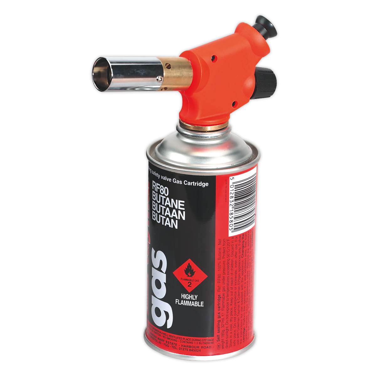 The Sealey Micro Butane Soldering/Heating Torch - AK2955 is a portable tool with a red body and metal nozzle, attached to a gas canister. The canister features a black and red label indicating it is "highly flammable." Ideal for plumbing tasks, this torch comes with an adjustable burner flame for precision work.