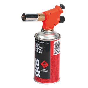 The Sealey Micro Butane Soldering/Heating Torch - AK2955 is a portable tool with a red body and metal nozzle, attached to a gas canister. The canister features a black and red label indicating it is "highly flammable." Ideal for plumbing tasks, this torch comes with an adjustable burner flame for precision work.