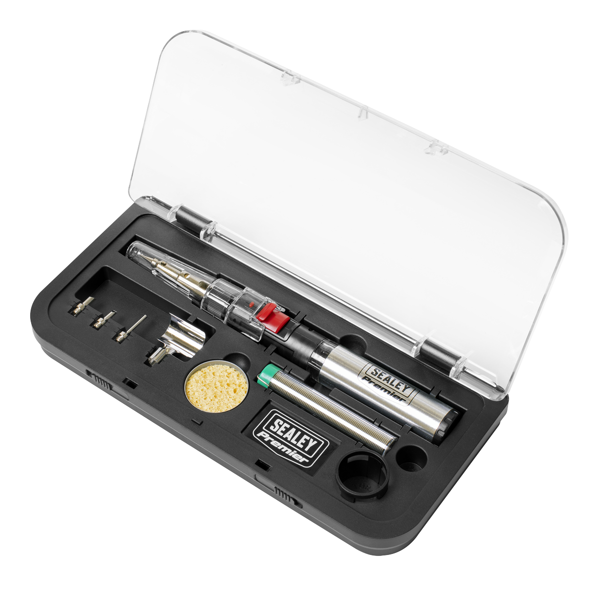 The Sealey Professional Soldering/Heating Kit - AK2962 comes in a sleek black plastic case with a transparent lid. This versatile hand tool set includes a gas soldering iron with piezoelectric ignition, various tips, and essential accessories such as a sponge and metal pieces, providing everything needed for precise and convenient soldering tasks.