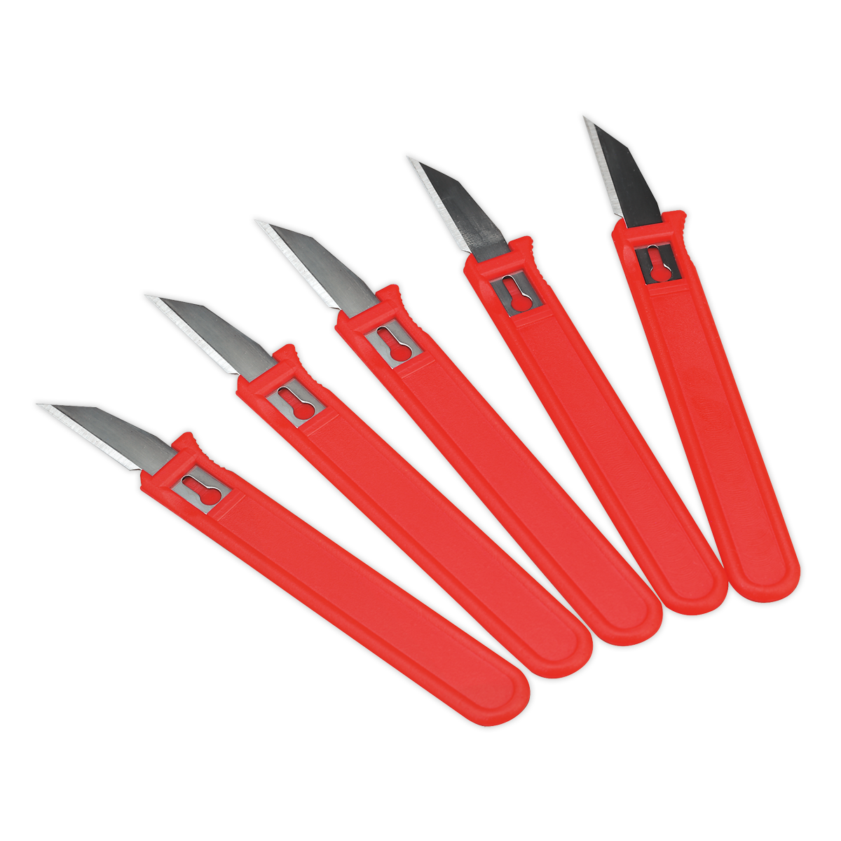 Five Trim Knives from Sealey (Pack of 5, AK2963) with red handles, short, sharp metal blades, and safety covers arranged in a fan-like pattern.