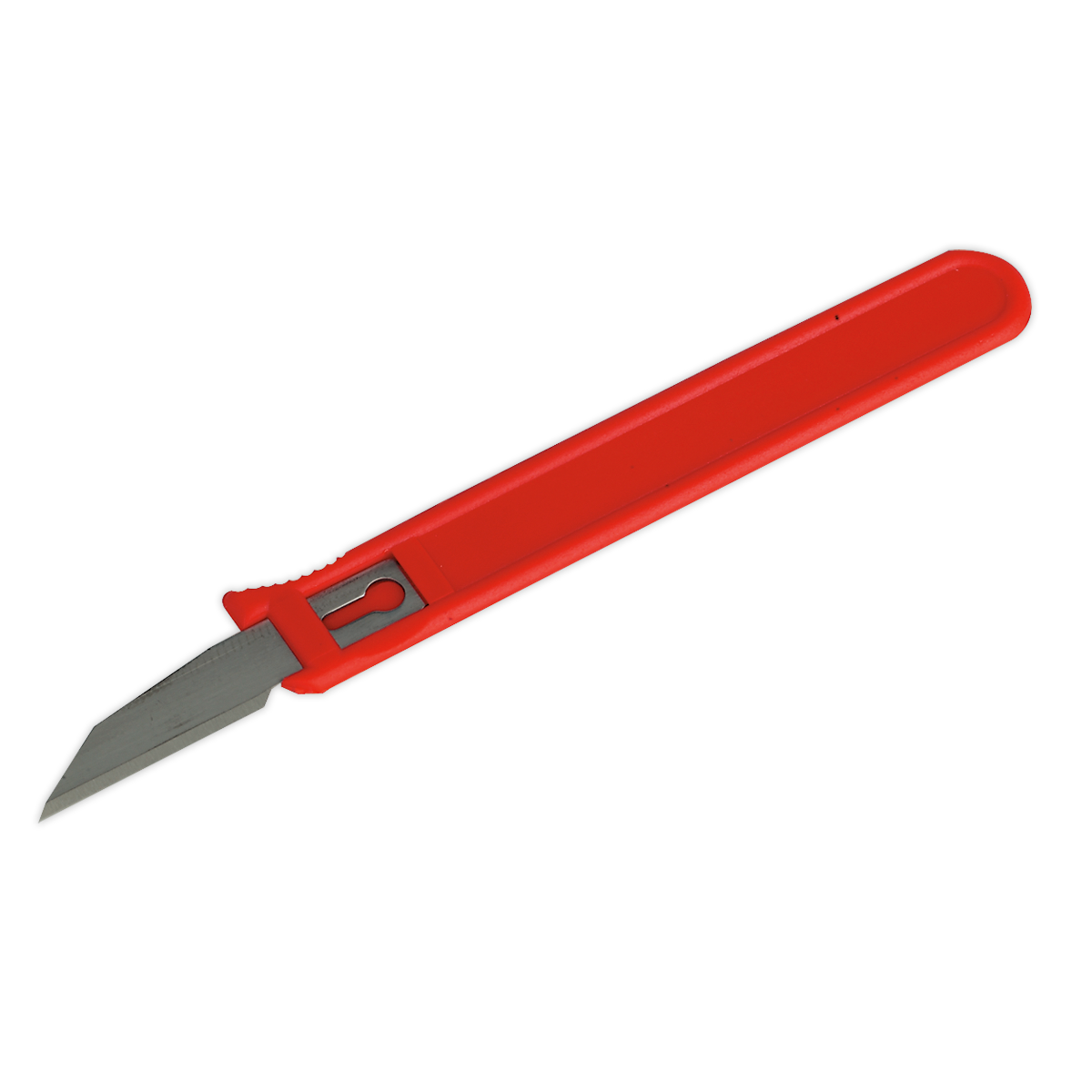 The Trim Knife Pack of 100 - AK296 by Sealey, featuring a red plastic handle and a safety cover, is shown against a white background.