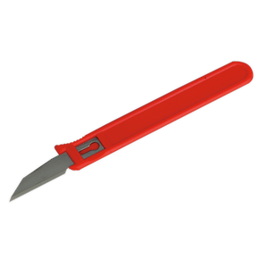 The Trim Knife Pack of 100 - AK296 by Sealey, featuring a red plastic handle and a safety cover, is shown against a white background.