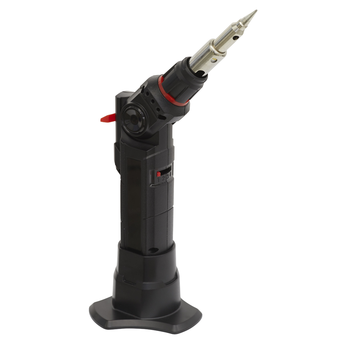 A black and red, butane-powered handheld soldering iron with a pointed tip, standing vertically on a base. This Sealey Butane Indexing Soldering Iron 3-in-1 - AK2970 is essential for your toolbox.