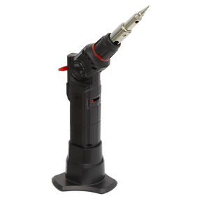 A black and red, butane-powered handheld soldering iron with a pointed tip, standing vertically on a base. This Sealey Butane Indexing Soldering Iron 3-in-1 - AK2970 is essential for your toolbox.