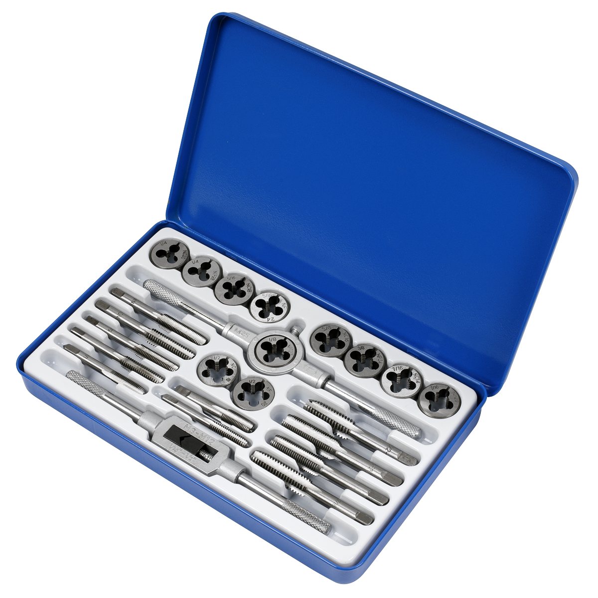 The Sealey Tap & Split Die Set Imperial 24pc (AK3024IMP) comes in a blue case with a set of precision machined taps and dies, all neatly arranged in a white molded tray for threading purposes.