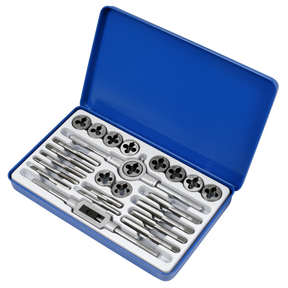 The Sealey Tap & Split Die Set Imperial 24pc (AK3024IMP) comes in a blue case with a set of precision machined taps and dies, all neatly arranged in a white molded tray for threading purposes.