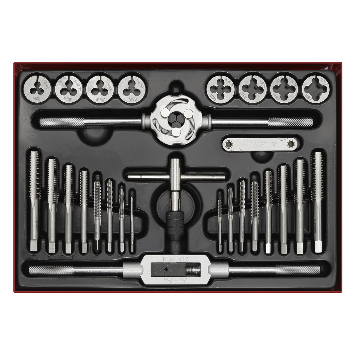 A Sealey red storage case, product name Tap & Die Set 28pc Split Dies Imperial BSW - AK3028BSW, containing multiple alloy steel taps, dies, and handles arranged neatly in slots.