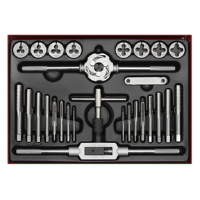 A Sealey red storage case, product name Tap & Die Set 28pc Split Dies Imperial BSW - AK3028BSW, containing multiple alloy steel taps, dies, and handles arranged neatly in slots.