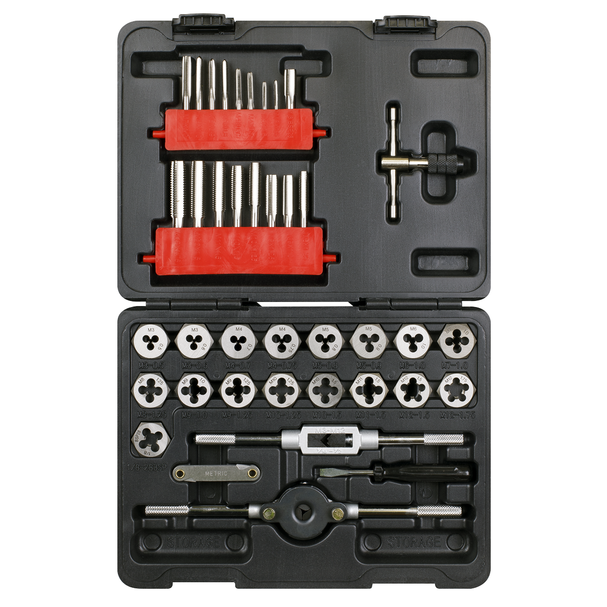 A black plastic carrying case is open, displaying the Sealey Tap & Hex Die Set 39pc - Metric - AK3039HM. The high-quality carbon steel taps and dies are organized in slots with red holders for the taps. Included are a T-handled tap wrench and hex-shaped dies, all neatly arranged for optimal use.