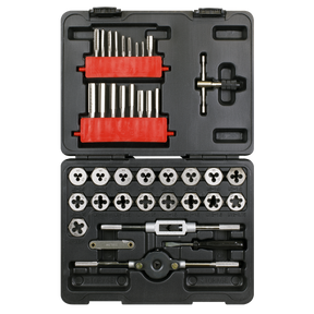 A black plastic carrying case is open, displaying the Sealey Tap & Hex Die Set 39pc - Metric - AK3039HM. The high-quality carbon steel taps and dies are organized in slots with red holders for the taps. Included are a T-handled tap wrench and hex-shaped dies, all neatly arranged for optimal use.