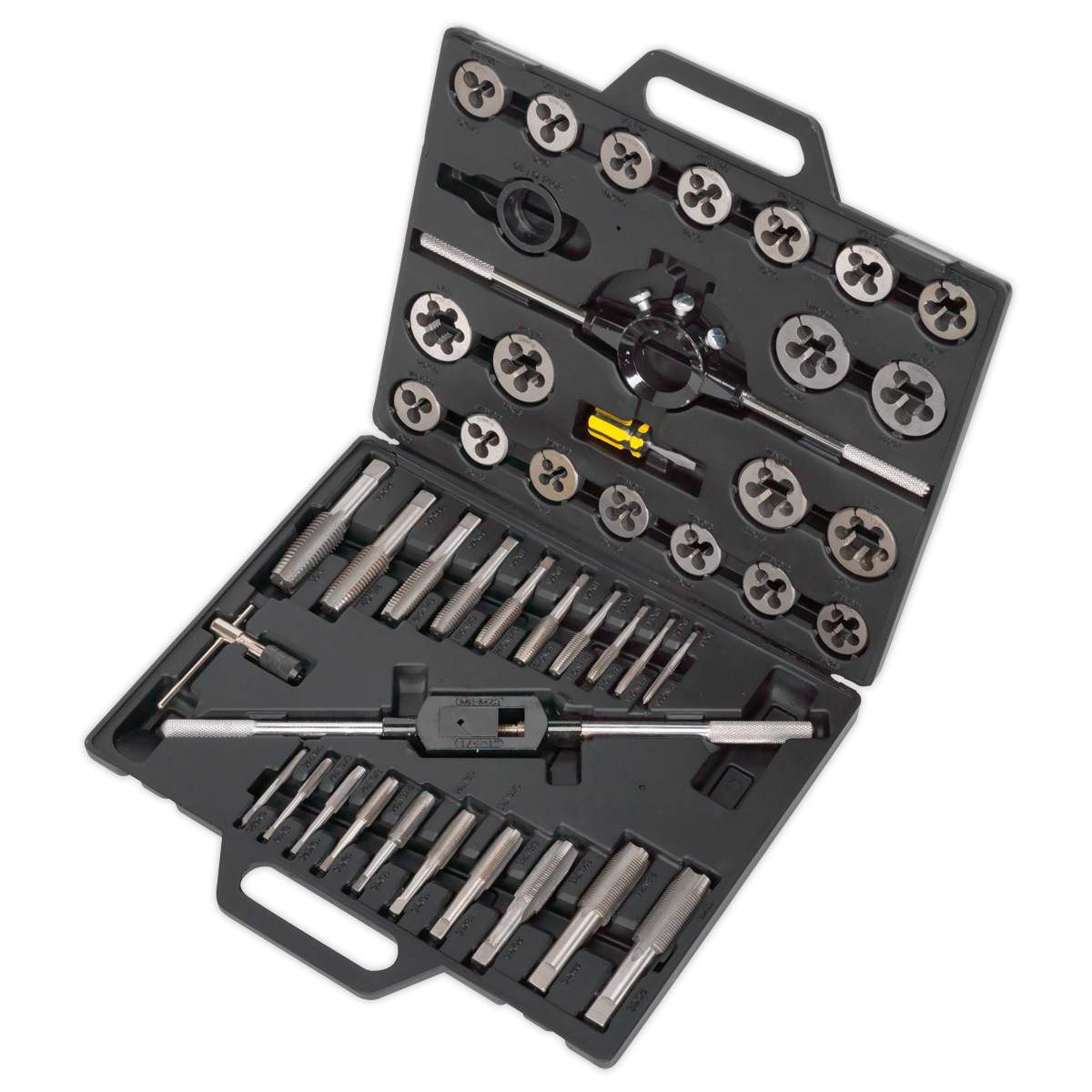 The Sealey Tap & Die Set 45pc Split Dies Imperial - AK303IMP comes in a black plastic case and includes an assortment of precision machined alloy steel threading taps and dies, along with handles and other accessories.