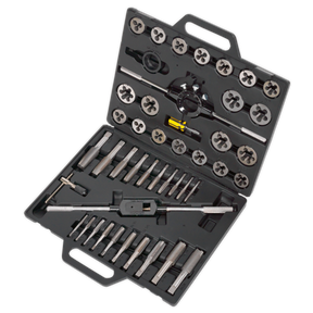 The Sealey Tap & Die Set 45pc Split Dies Imperial - AK303IMP comes in a black plastic case and includes an assortment of precision machined alloy steel threading taps and dies, along with handles and other accessories.