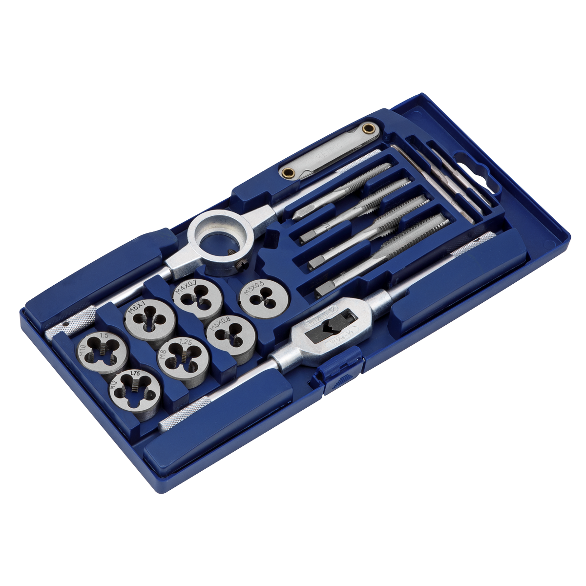 The Sealey Tap & Die Set 17pc Metric - AK321 comes in a blue plastic case and includes high-quality carbon steel taps, dies, an adjustable tap wrench, handles, and a thread gauge, all neatly organized in molded compartments.