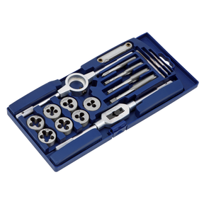 The Sealey Tap & Die Set 17pc Metric - AK321 comes in a blue plastic case and includes high-quality carbon steel taps, dies, an adjustable tap wrench, handles, and a thread gauge, all neatly organized in molded compartments.