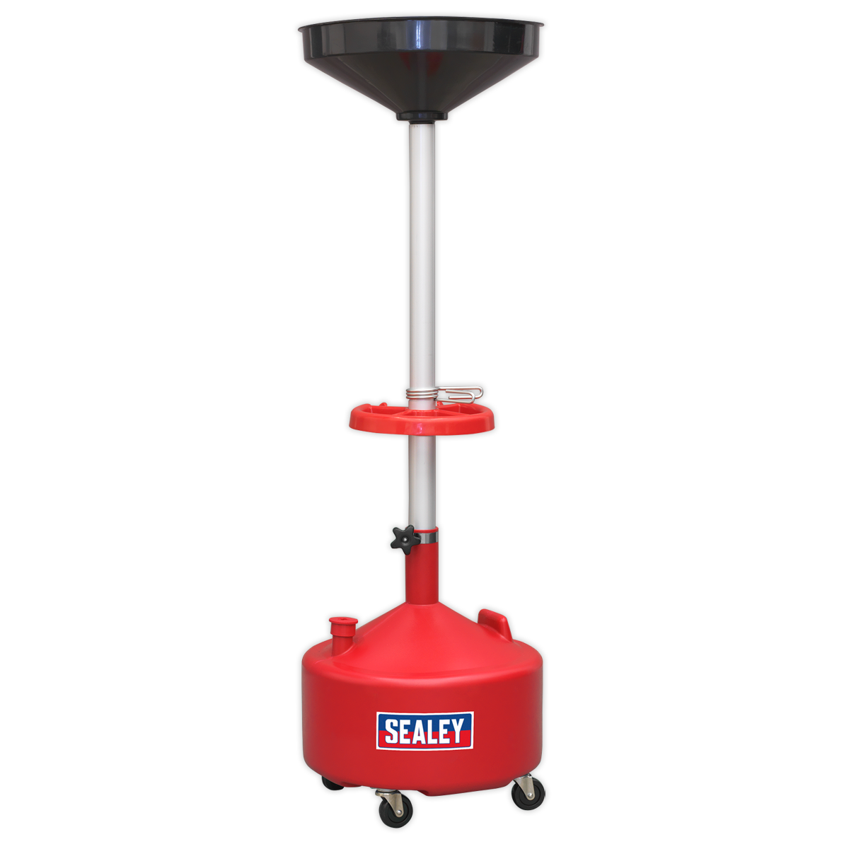 Sealey's Mobile Oil Drainer 36L - Manual Discharge (AK36D) features a red base with a height-adjustable polyethylene reservoir, a black funnel at the top, and a clear tube in the middle. It also comes equipped with wheels for easy mobility.