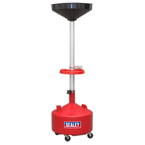 Sealey's Mobile Oil Drainer 36L - Manual Discharge (AK36D) features a red base with a height-adjustable polyethylene reservoir, a black funnel at the top, and a clear tube in the middle. It also comes equipped with wheels for easy mobility.