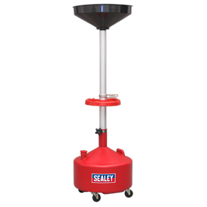 Sealey's Mobile Oil Drainer 36L - Manual Discharge (AK36D) features a red base with a height-adjustable polyethylene reservoir, a black funnel at the top, and a clear tube in the middle. It also comes equipped with wheels for easy mobility.