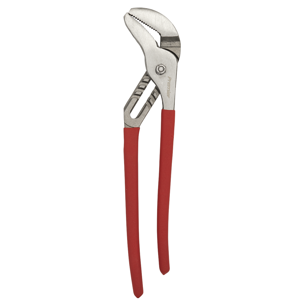 A pair of Sealey Water Pump Pliers 400mm - AK370 with red rubber-coated handles and a metal gripping head made from Chrome Vanadium steel for enhanced corrosion resistance.