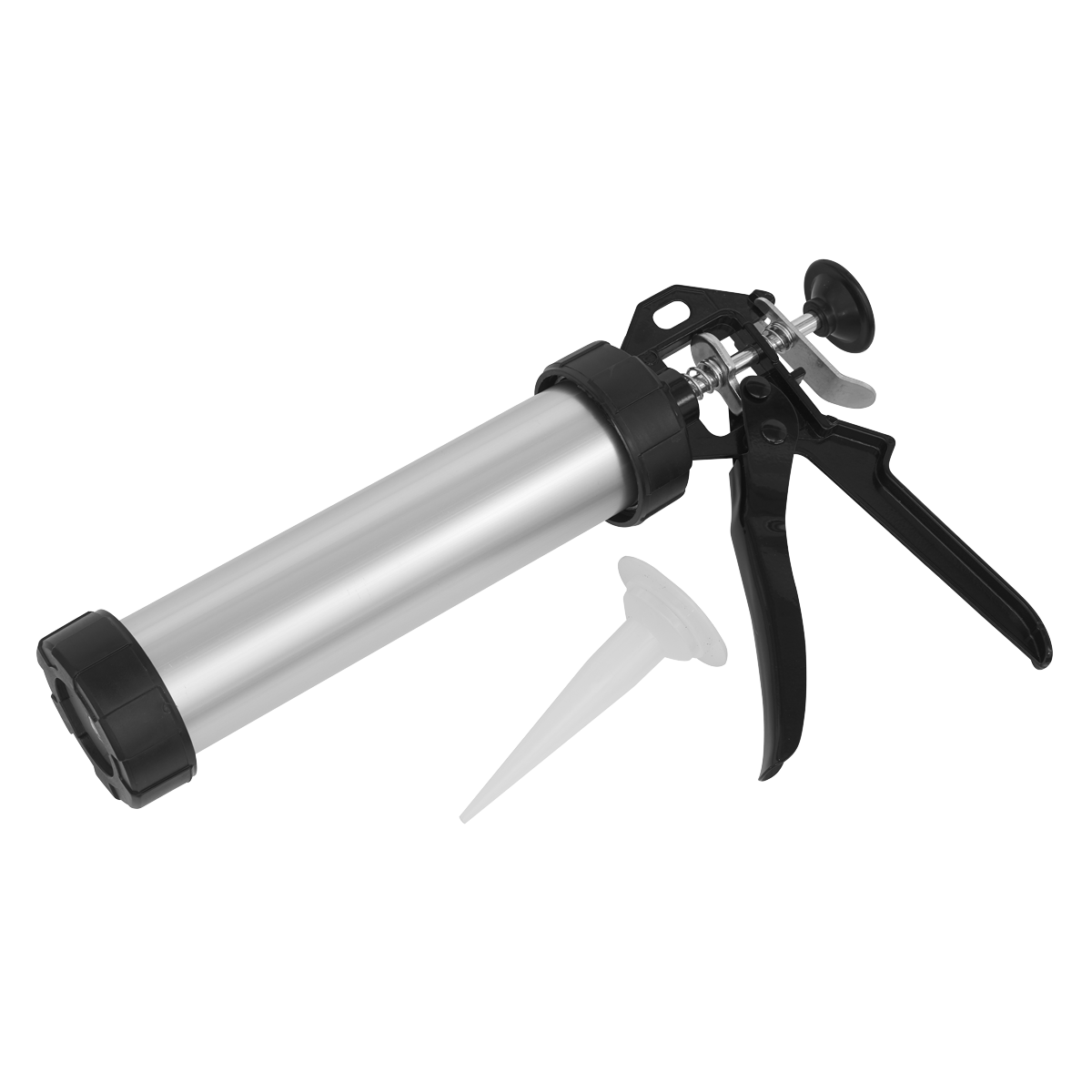 The Sealey Caulking Gun for 400ml Sausage Packs & 310ml Cartridges (230mm) - AK3801, featuring a silver die-cast body with a black handle and trigger, is shown alongside a separate compatible white plastic nozzle.