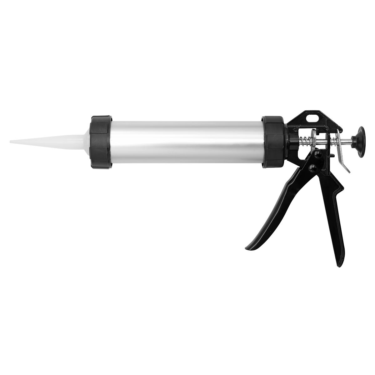 The Sealey Caulking Gun for 400ml Sausage Packs & 310ml Cartridges (model AK3801), featuring an aluminium tube and a black handle, is displayed against a white background.