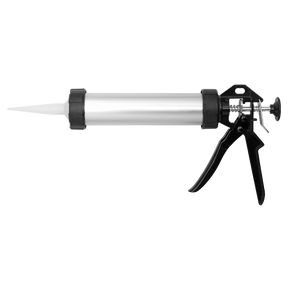 The Sealey Caulking Gun for 400ml Sausage Packs & 310ml Cartridges (model AK3801), featuring an aluminium tube and a black handle, is displayed against a white background.