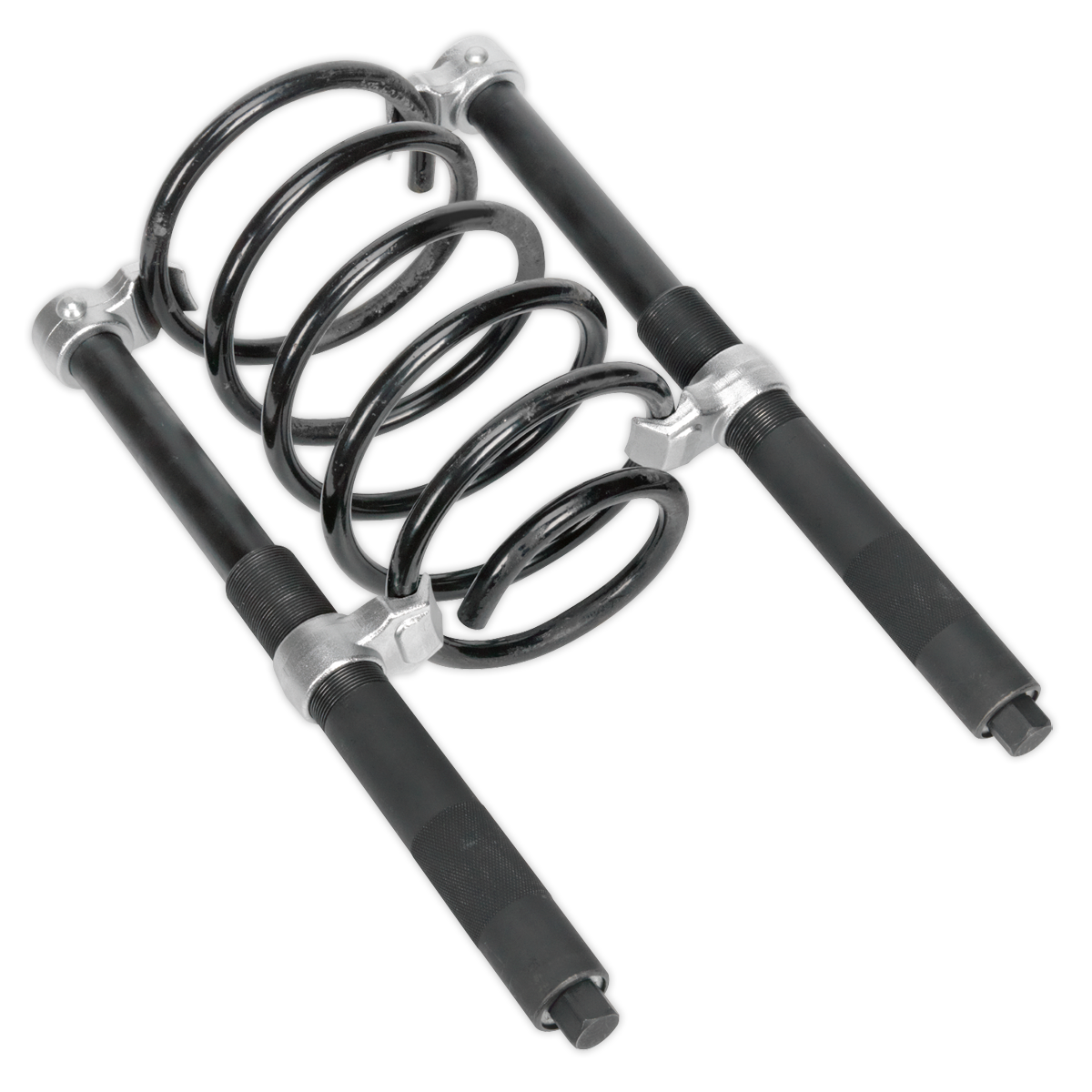 The Sealey Coil Spring Compressor Set (2pc Heavy-Duty 2500kg/Pair - AK3845) features a robust, coiled black hardened steel body and two black cylindrical dampers, with silver metal connectors at both ends.