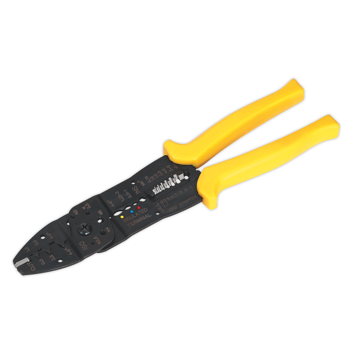 Sealey's Crimping Tool Insulated/Non-Insulated Terminals - AK3851 features a yellow handle and offers multiple functions, including cutting, stripping, and crimping, all crafted from durable steel construction.