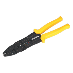 Sealey's Crimping Tool Insulated/Non-Insulated Terminals - AK3851 features a yellow handle and offers multiple functions, including cutting, stripping, and crimping, all crafted from durable steel construction.