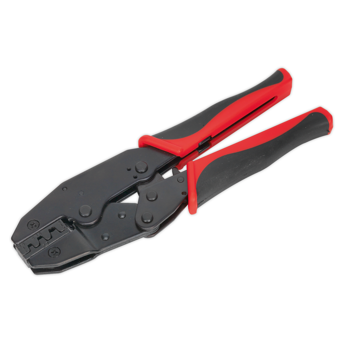 The Sealey Ratchet Crimping Tool Non-Insulated Terminals - AK3852 is a black and red tool with steel construction, featuring a ratcheting mechanism designed for crimping electrical connectors.