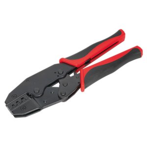 The Sealey Ratchet Crimping Tool Non-Insulated Terminals - AK3852 is a black and red tool with steel construction, featuring a ratcheting mechanism designed for crimping electrical connectors.