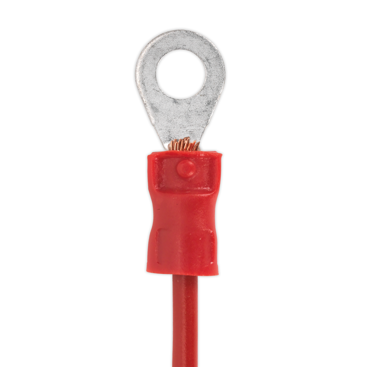 A red electrical ring terminal with exposed copper wires, designed for use with Sealey Insulated Terminal Crimping Jaws - AK3858/A.