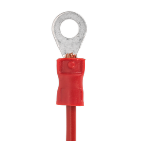 A red electrical ring terminal with exposed copper wires, designed for use with Sealey Insulated Terminal Crimping Jaws - AK3858/A.
