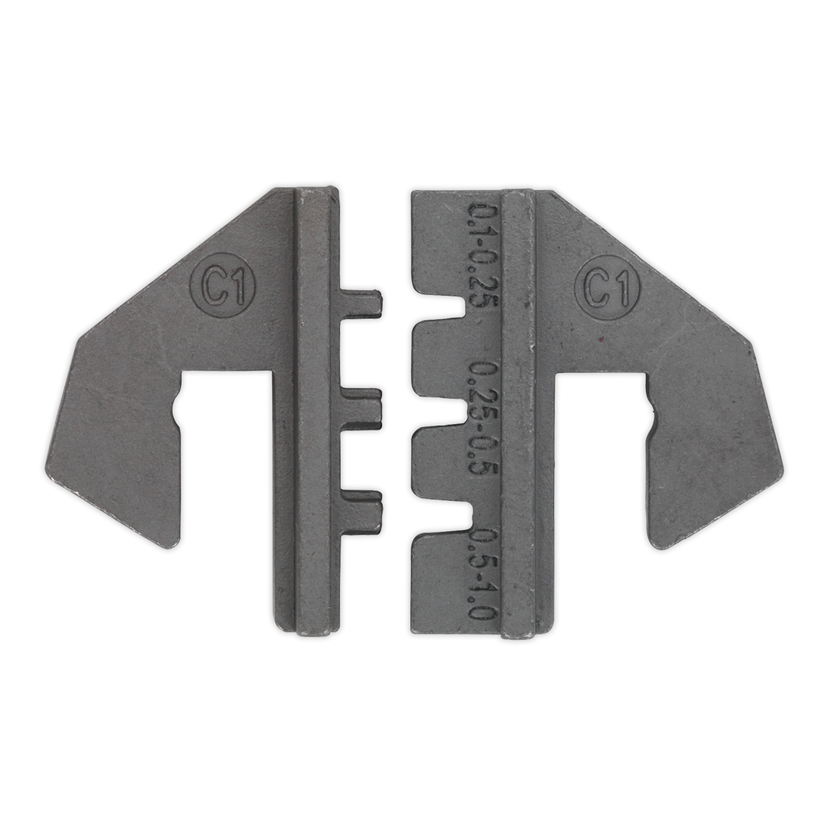 A pair of Sealey Open Barrel Crimping Jaws - AK3858/C1 with quick change, hardened and tempered jaws, featuring multiple measurement slots labeled C1, marked with dimensions 0.10-0.25, 0.25-0.5, and 0.5-1.0 for precise measurements every time.