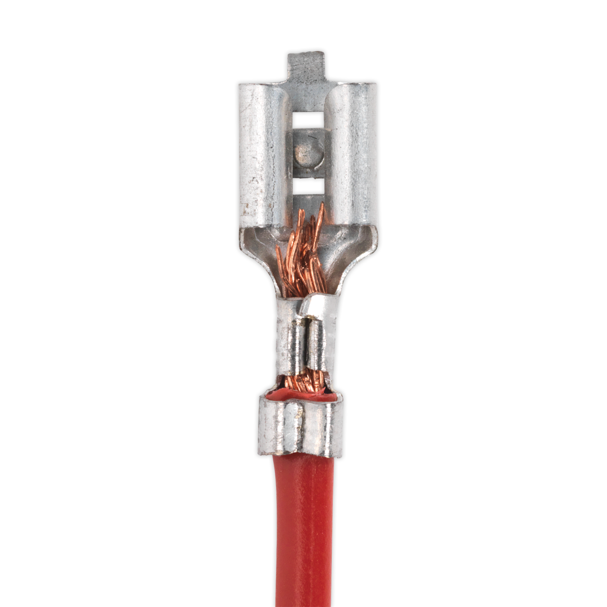 Close-up of a red electrical wire connected to a metal terminal with hardened and tempered jaws. The wire's copper strands are visible where the insulation is stripped off, ideal for quick changes with Sealey's Open Barrel Crimping Jaws - AK3858/C1.