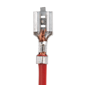Close-up of a red electrical wire connected to a metal terminal with hardened and tempered jaws. The wire's copper strands are visible where the insulation is stripped off, ideal for quick changes with Sealey's Open Barrel Crimping Jaws - AK3858/C1.