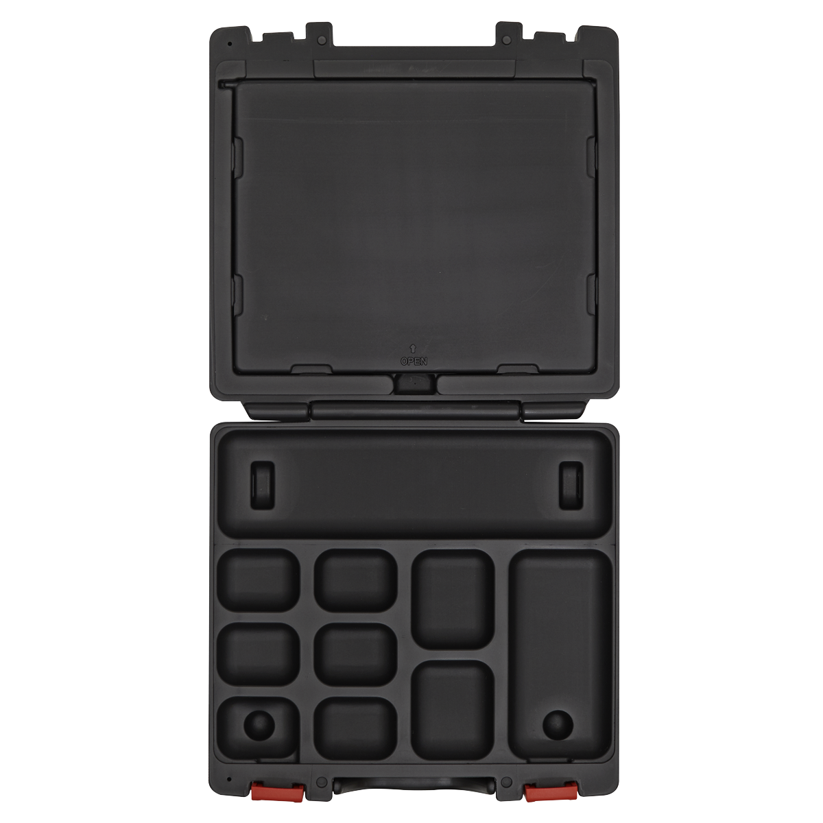 Open the Sealey Storage Case for AK3857 & AK3858 with 25 compartments for neat organization, featuring a secure latch mechanism.