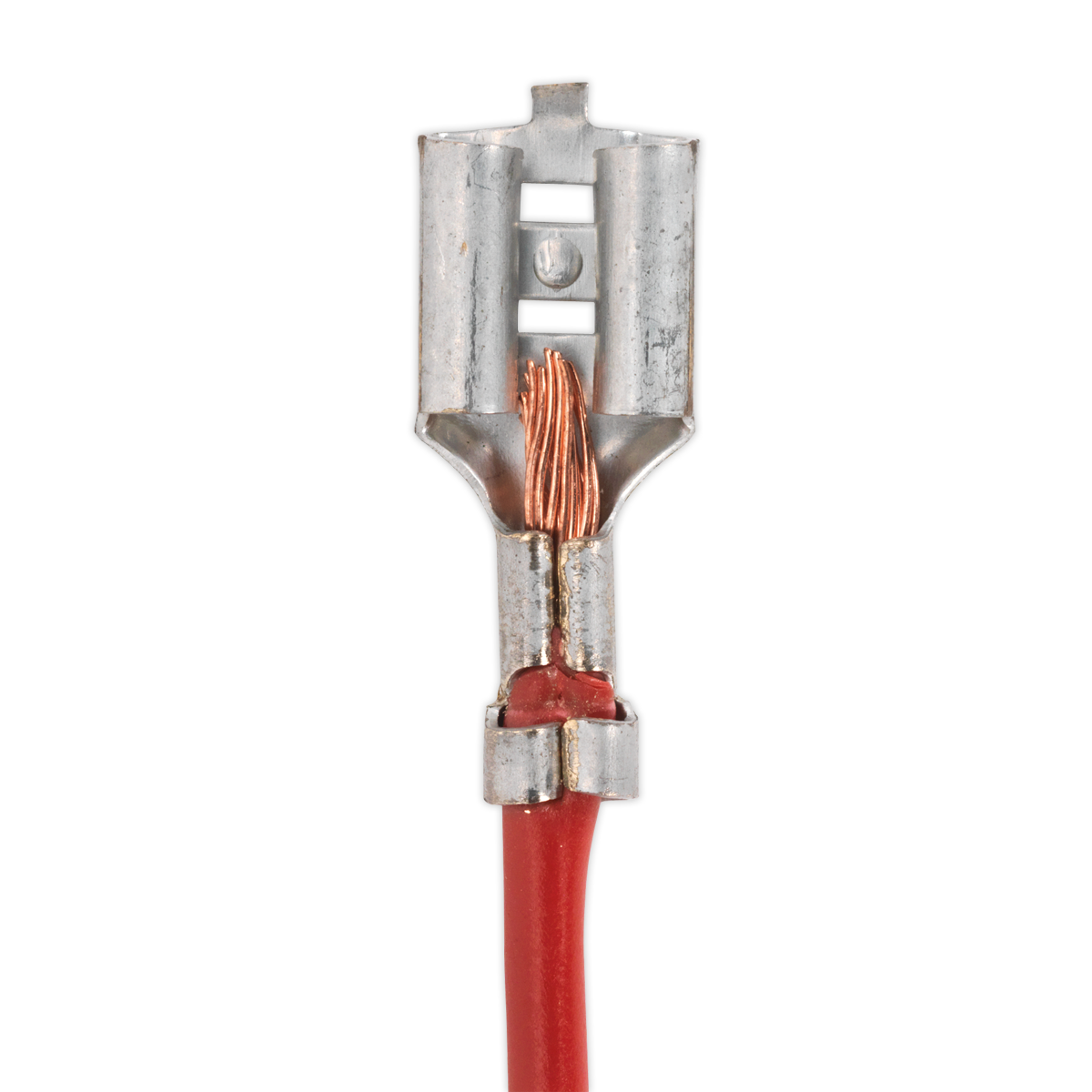 Close-up view of a red electrical wire terminated with a crimp connector, showing exposed copper strands at the connection point, securely fastened using Sealey's Open Barrel Crimping Jaws - AK3858/C for a reliable electrical connection.