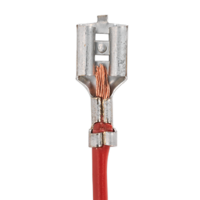 Close-up view of a red electrical wire terminated with a crimp connector, showing exposed copper strands at the connection point, securely fastened using Sealey's Open Barrel Crimping Jaws - AK3858/C for a reliable electrical connection.