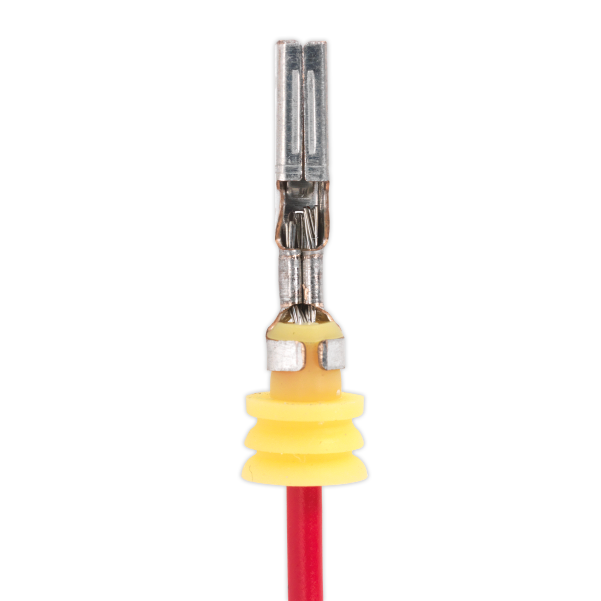 A close-up of the Sealey Superseal Series 1.5 Crimping Jaws - AK3858/H3, featuring a yellow and red terminal connector with hardened jaws, a metal crimp, and an attached red wire, isolated on a white background.