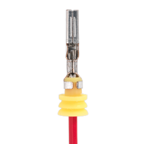 A close-up of the Sealey Superseal Series 1.5 Crimping Jaws - AK3858/H3, featuring a yellow and red terminal connector with hardened jaws, a metal crimp, and an attached red wire, isolated on a white background.